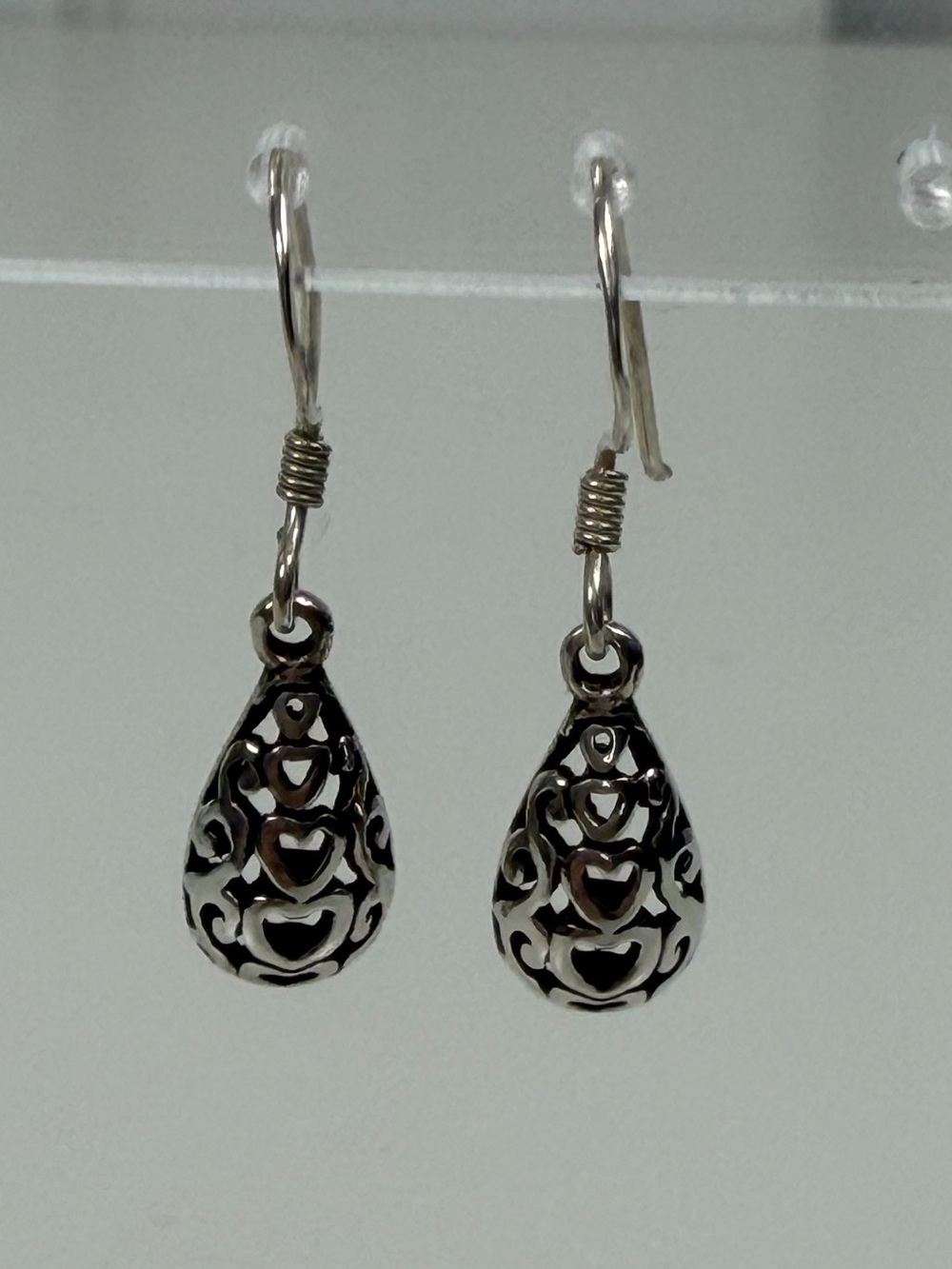 Sterling Silver 925 Teardrop Shaped Open Scroll Heart Dangle Earrings